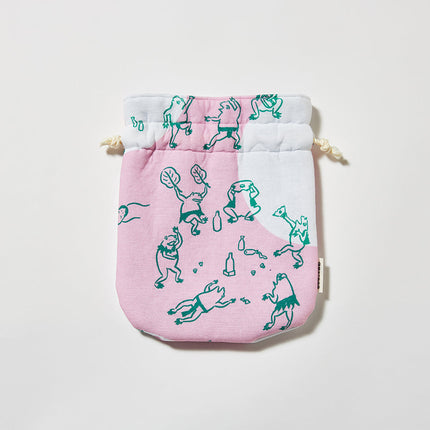 伊勢木綿　巾着　蛙の宴会 ピンク　