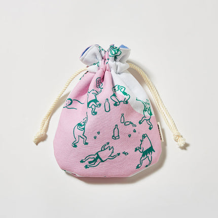 伊勢木綿　巾着　蛙の宴会 ピンク　