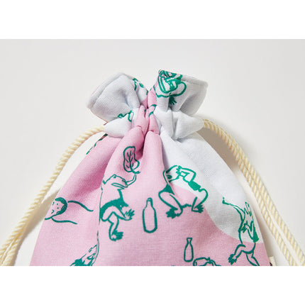 伊勢木綿　巾着　蛙の宴会 ピンク　