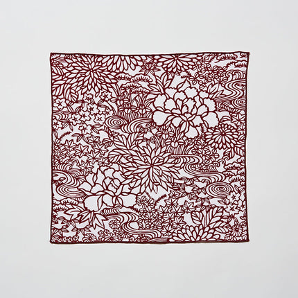 イセノモン　ハンカチーフ　四季の花木　小豆色
